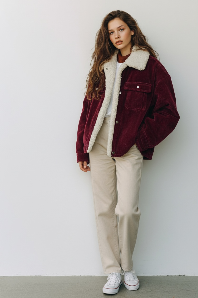 Daverri Sherpa Collar Corduroy Button-Up Jacket in burgundy with white shearling collar