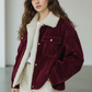 Daverri Sherpa Collar Corduroy Button-Up Jacket in burgundy with white shearling