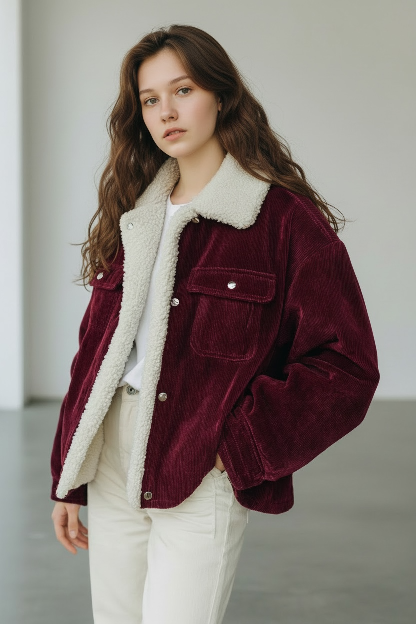 Daverri Sherpa Collar Corduroy Button-Up Jacket in burgundy with white shearling