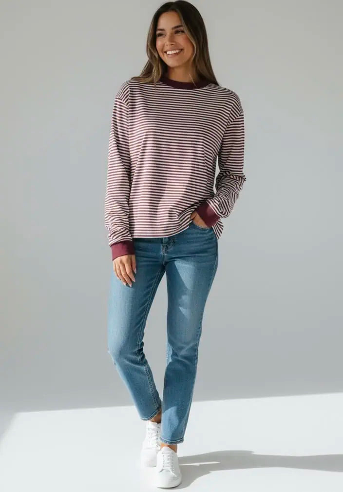 Striped Oversized Round Neck Sweatshirt | Sweatshirts Daverri Fashions