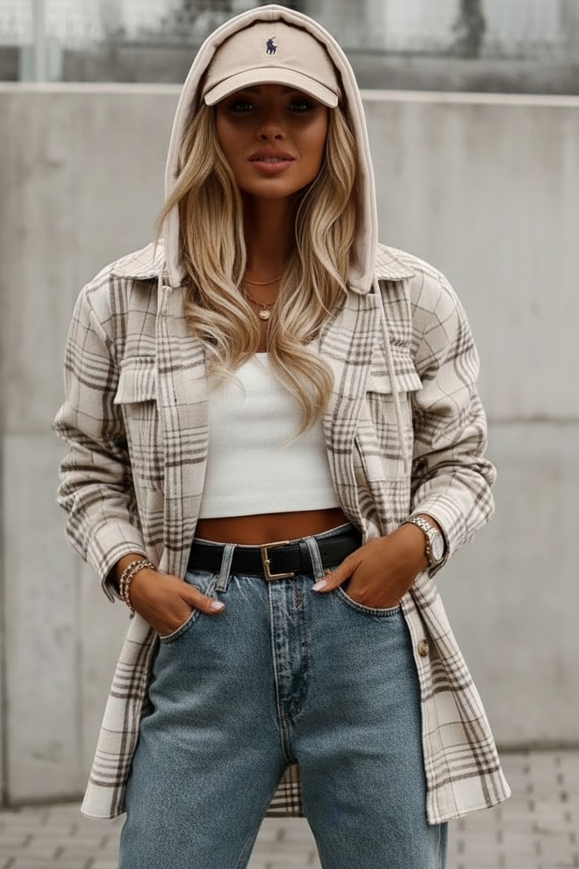 Daverri plaid removable hood button up shacket, beige with subtle logo on cap