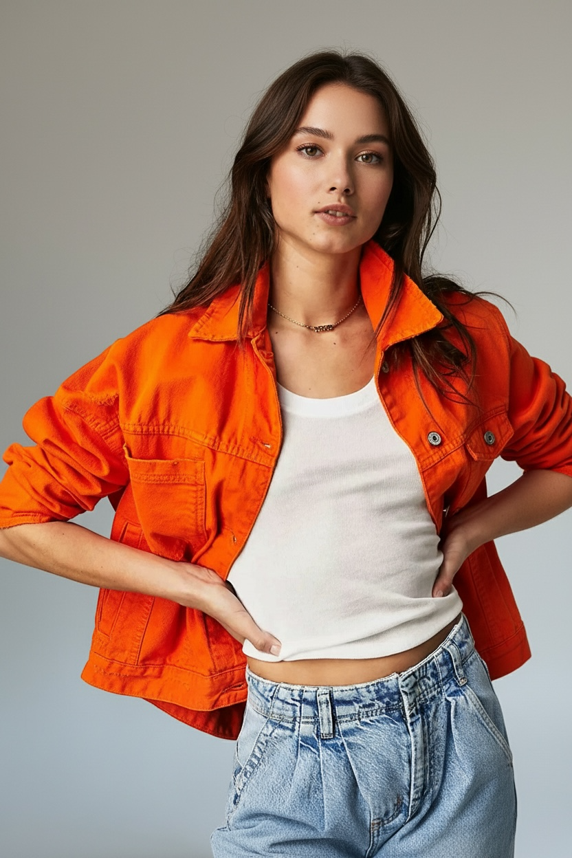 Daverri Button Up Long Sleeve Denim Jacket Orange