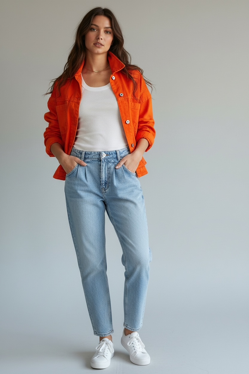 Daverri Button Up Long Sleeve Denim Jacket Orange