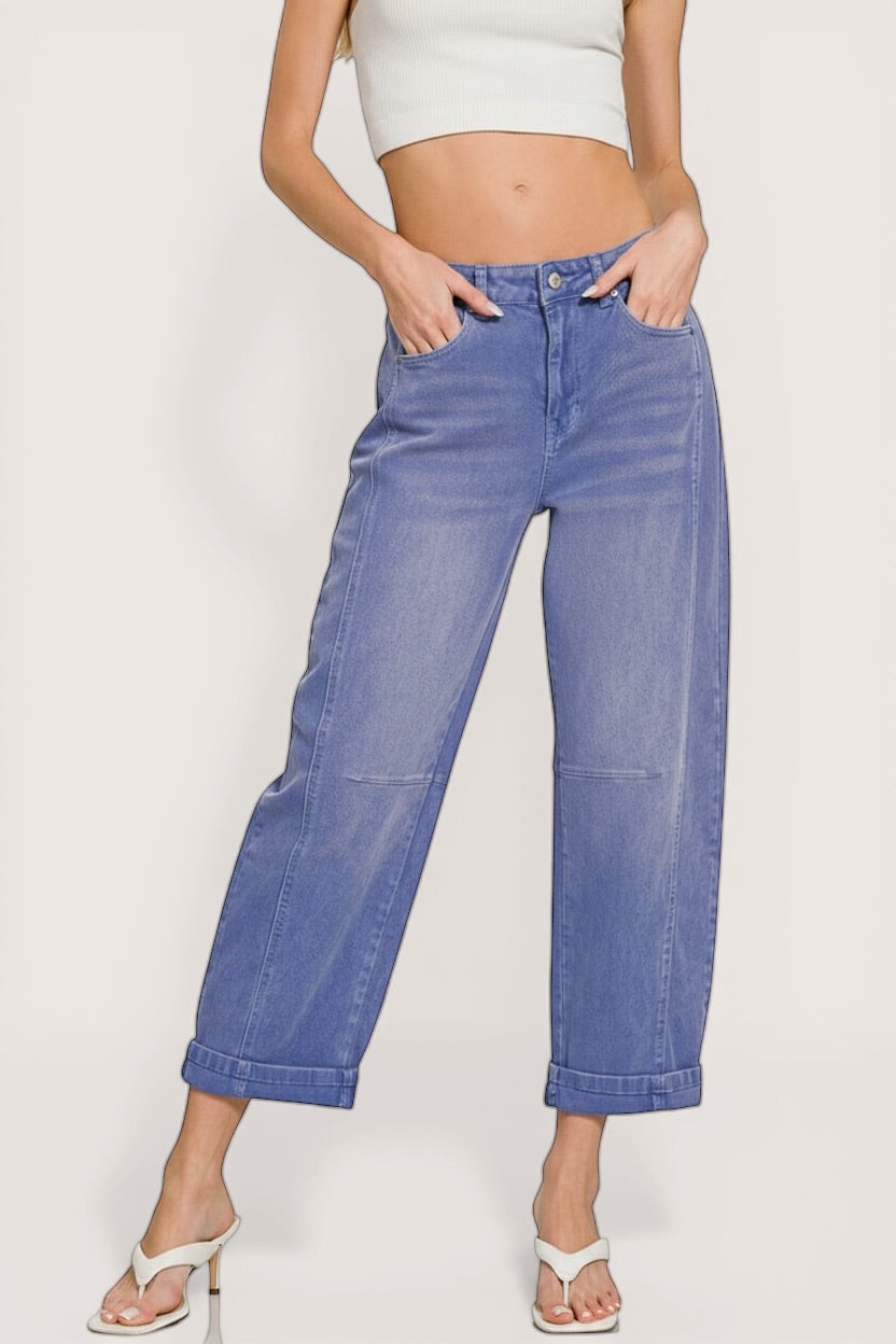 Zenana light blue high-rise barrel-leg cropped jeans back view