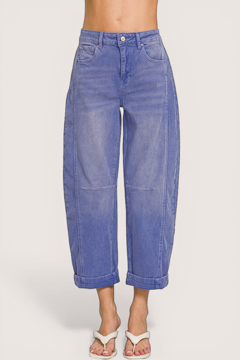 Zenana high-rise barrel-leg cropped jeans in blue denim, wide-leg rolled cuffs