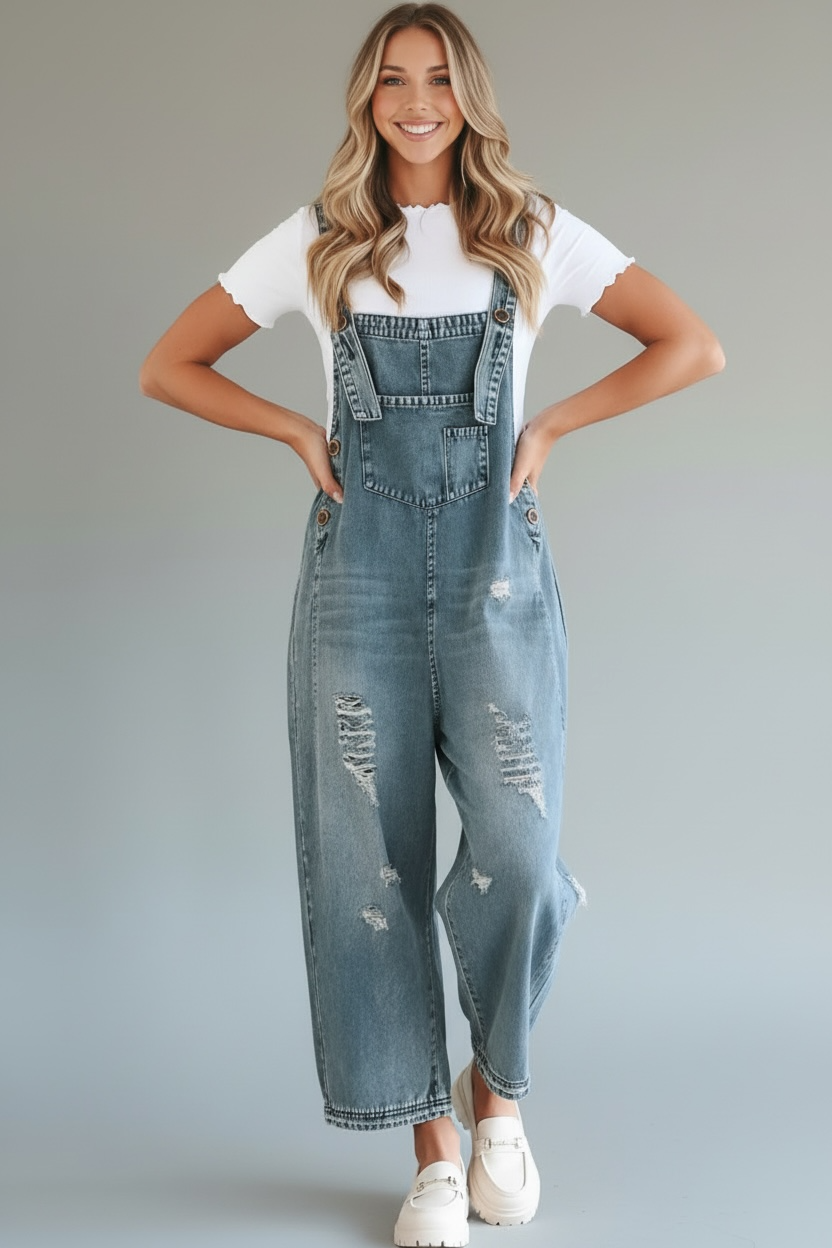 Daverri Distressed Wide Leg Denim Overalls in light-wash with distressed patches