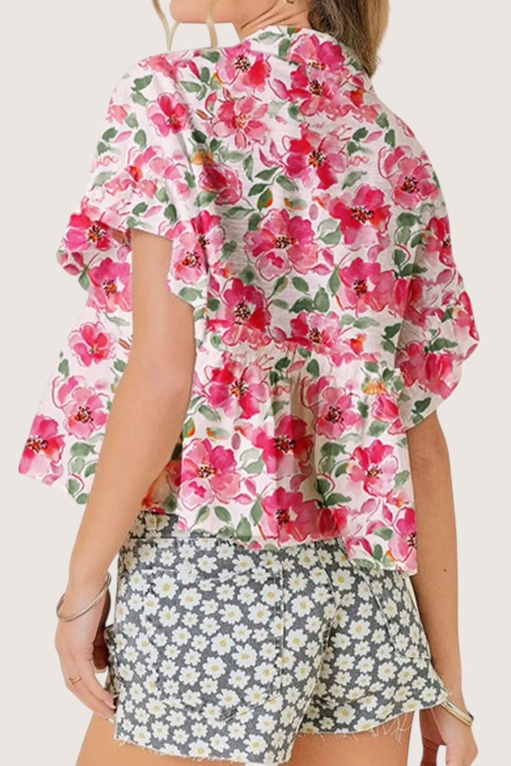Daverri Floral Boxy Fit Ruffled Short Sleeve Blouse