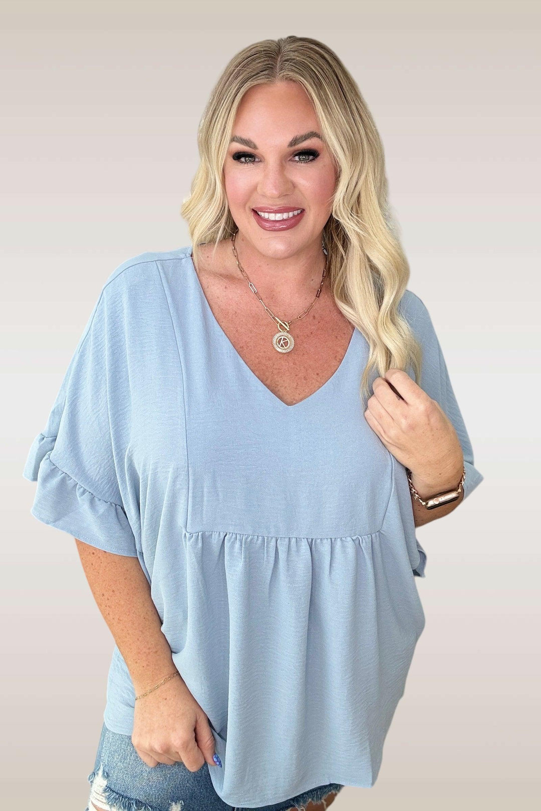 Airflow Peplum Ruffle Sleeve Top in Chambray 1XL Chambray Tops
