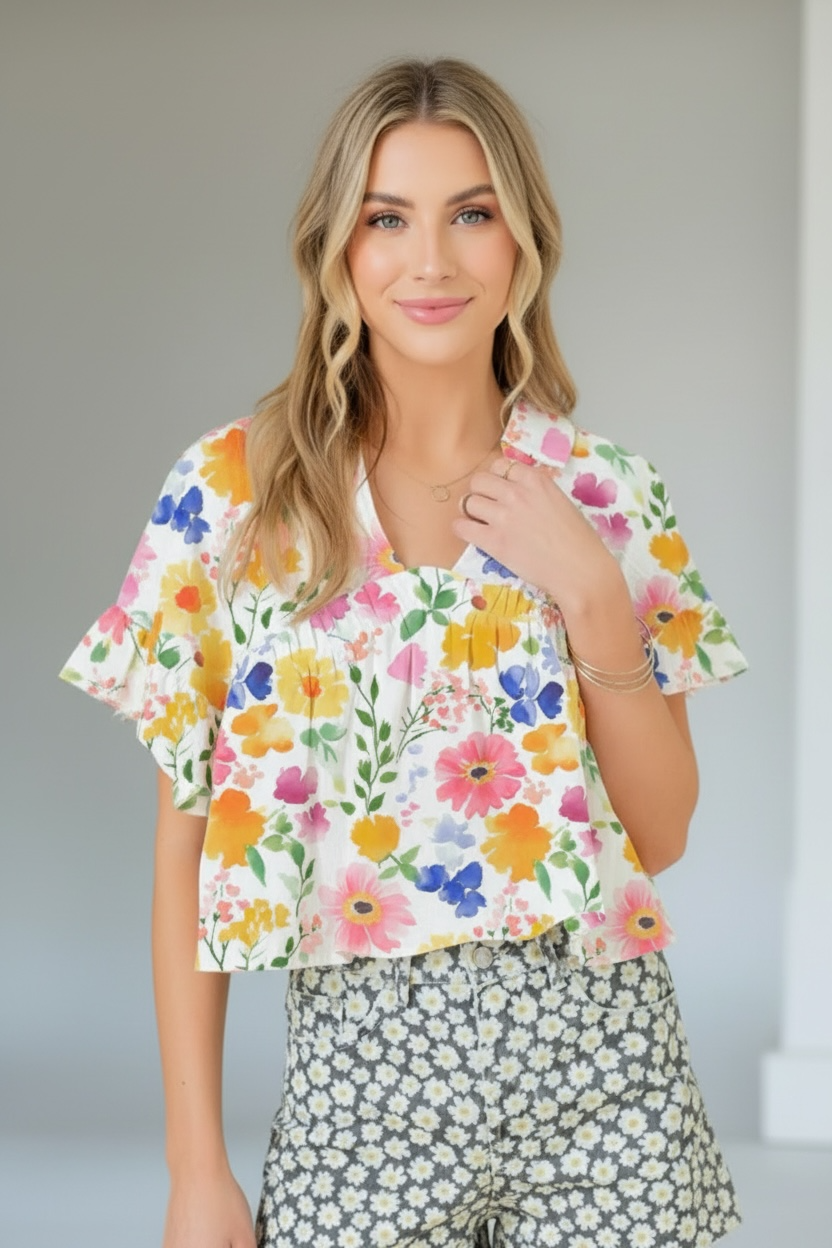 Daverri Floral Boxy Fit Ruffled Short Sleeve Blouse