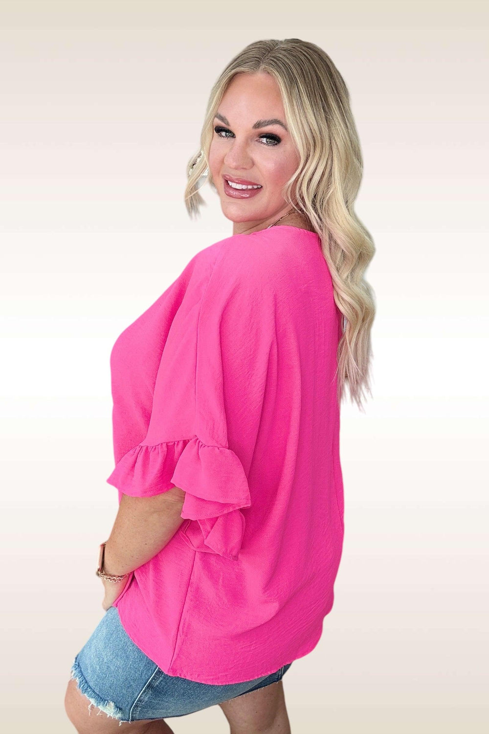 Airflow Peplum Ruffle Sleeve Top in Fuchsia Pink Shirts & Tops