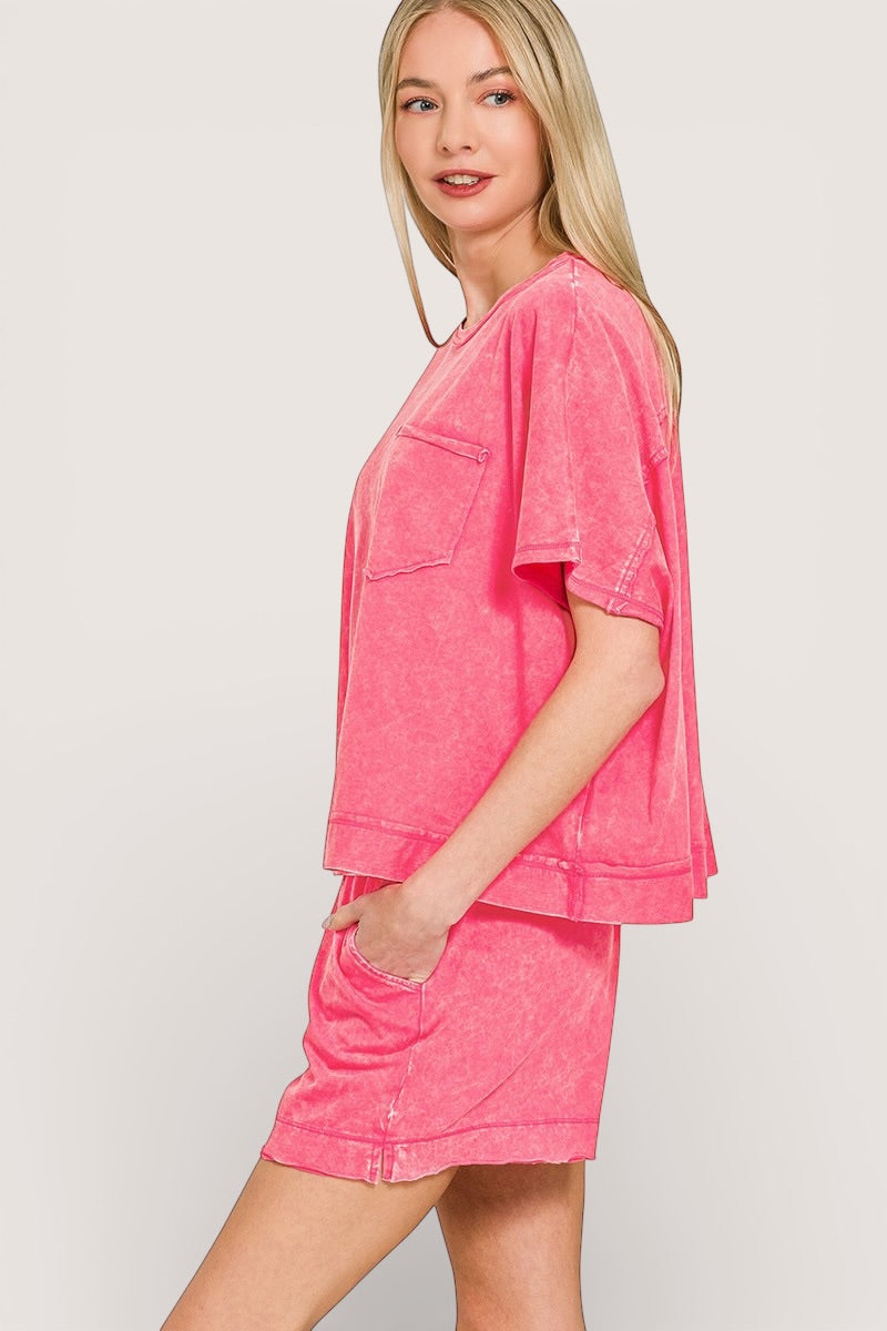Zenana acid washed oversized pink loungewear top and shorts set