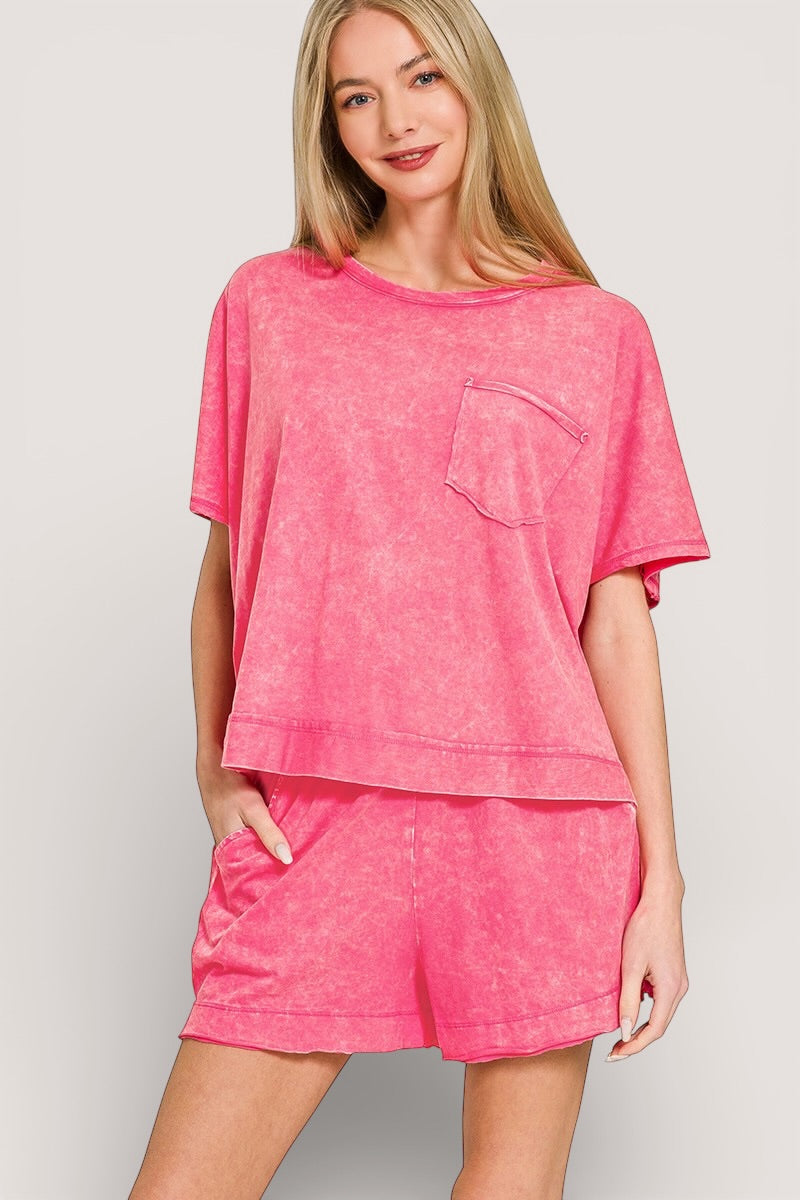 Zenana acid washed oversized pink top, relaxed fit faded texture
