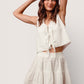 White eyelet crochet crop top with SO ME floral lace tie-front detail