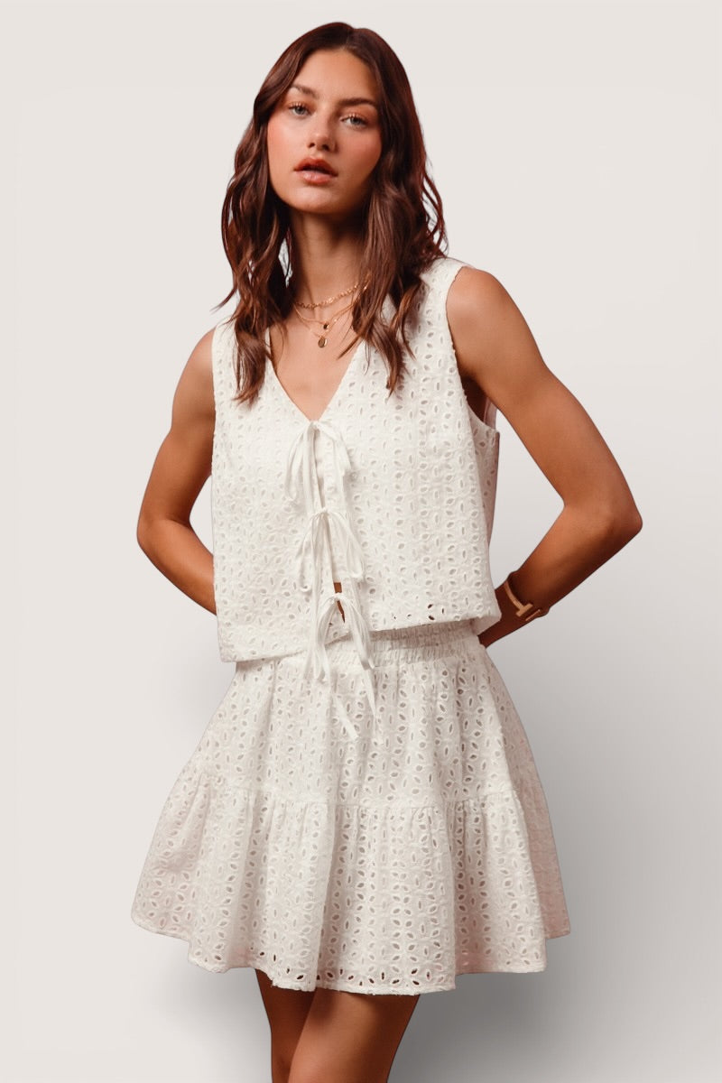 SO ME floral eyelet lace tie front vest top and tiered mini skirt set