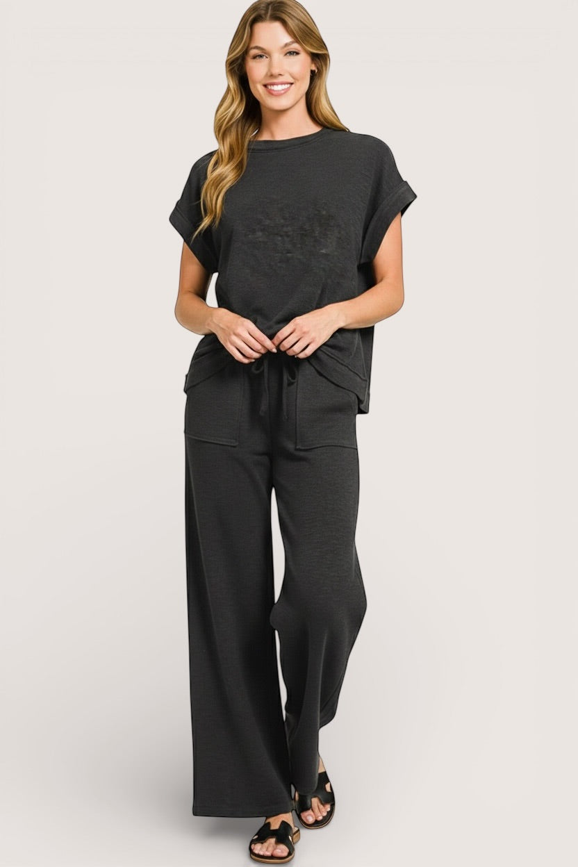 Zenana Cotton Slub black short-sleeve tee and wide-leg pants set