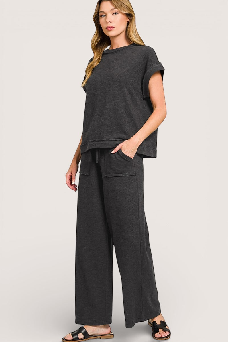 Zenana Cotton Slub black oversized t-shirt with rolled sleeves and wide-leg pants