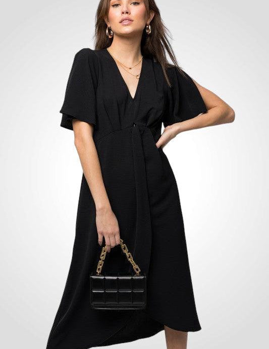 Solid V-Neck Midi Dress With Front Knot Black S Midi Dresses