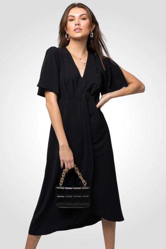 Solid V-Neck Midi Dress With Front Knot Black S Midi Dresses