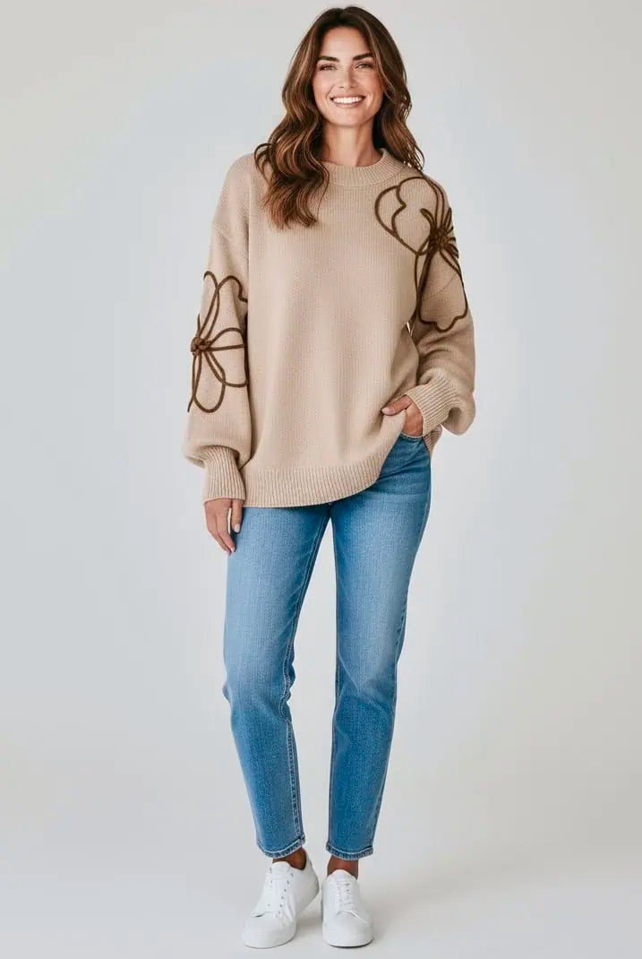 Floral Round Neck Drop Shoulder Sweater | Sweaters Daverri Fashions