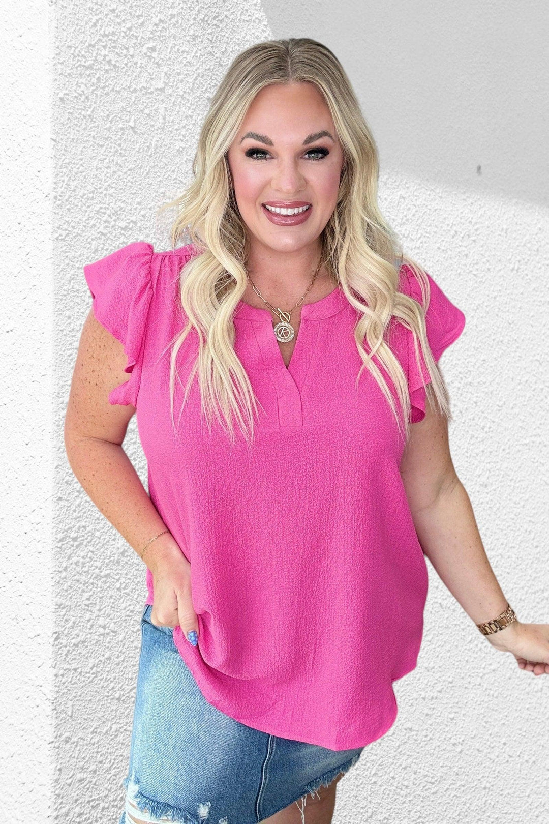 Crinkle Split Neckline Flutter Sleeve Top in Hot Pink Hot Pink Shirts & Tops