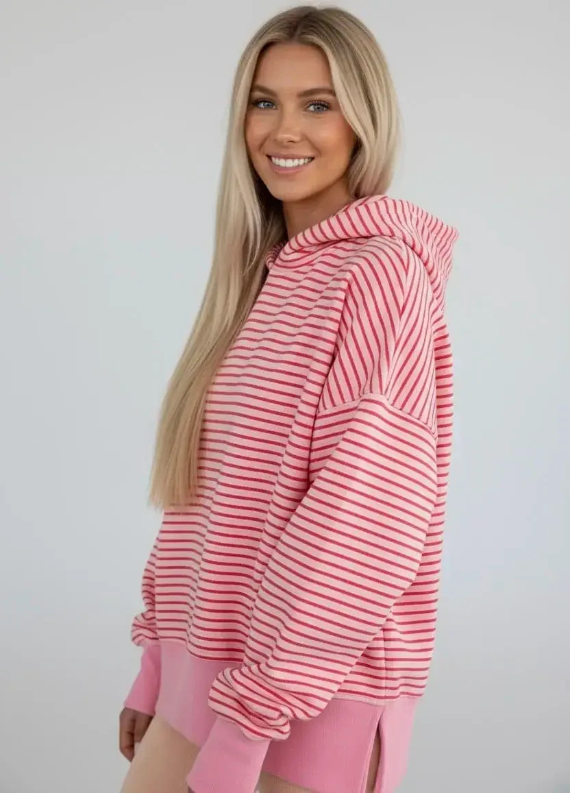 Striped Oversized Hoodie with Kangaroo Pocket - DAVERRI FASHIONS