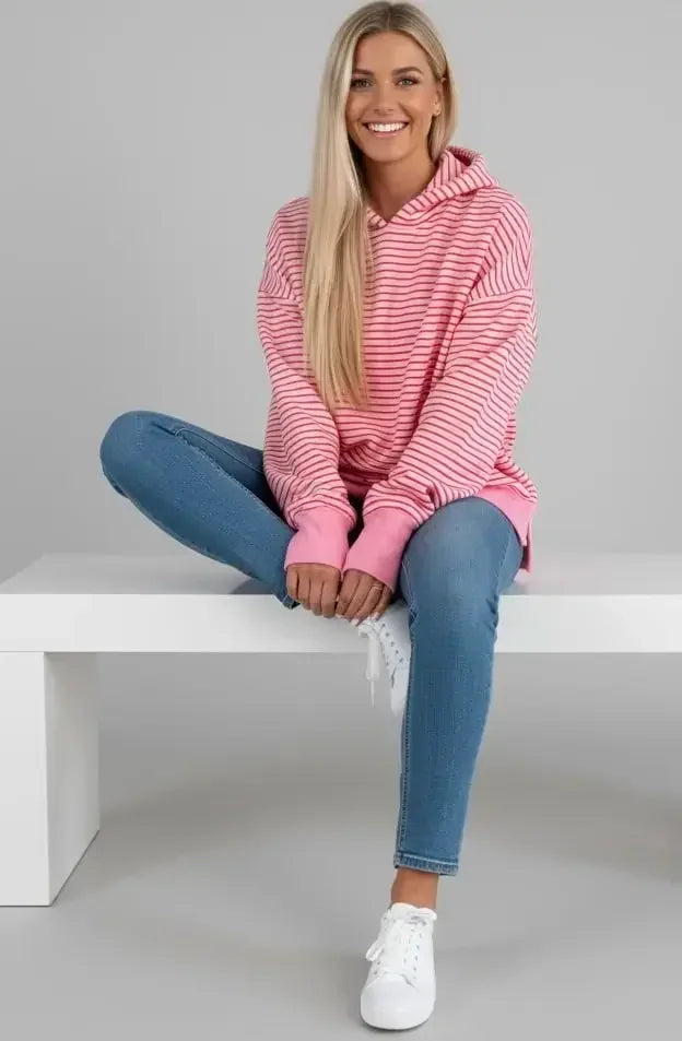 Striped Oversized Hoodie with Kangaroo Pocket - DAVERRI FASHIONS