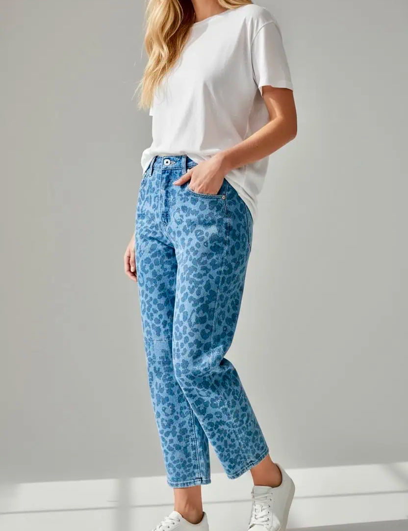 Leopard Print High-Waisted Relaxed Fit Jeans | Jeans Daverri Fashions