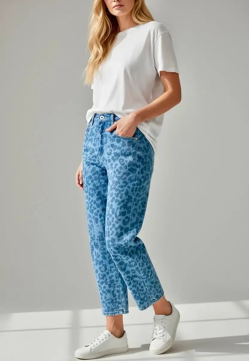 Leopard Print High-Waisted Relaxed Fit Jeans - DAVERRI FASHIONS