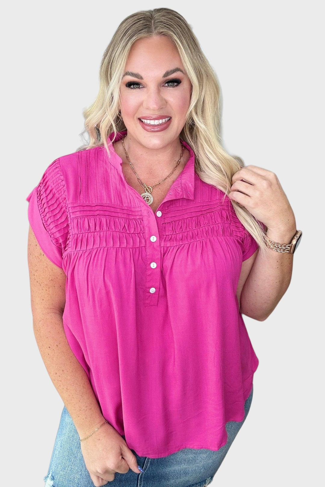 Pleat Detail Button Up Blouse in Hot Pink Shirts & Tops