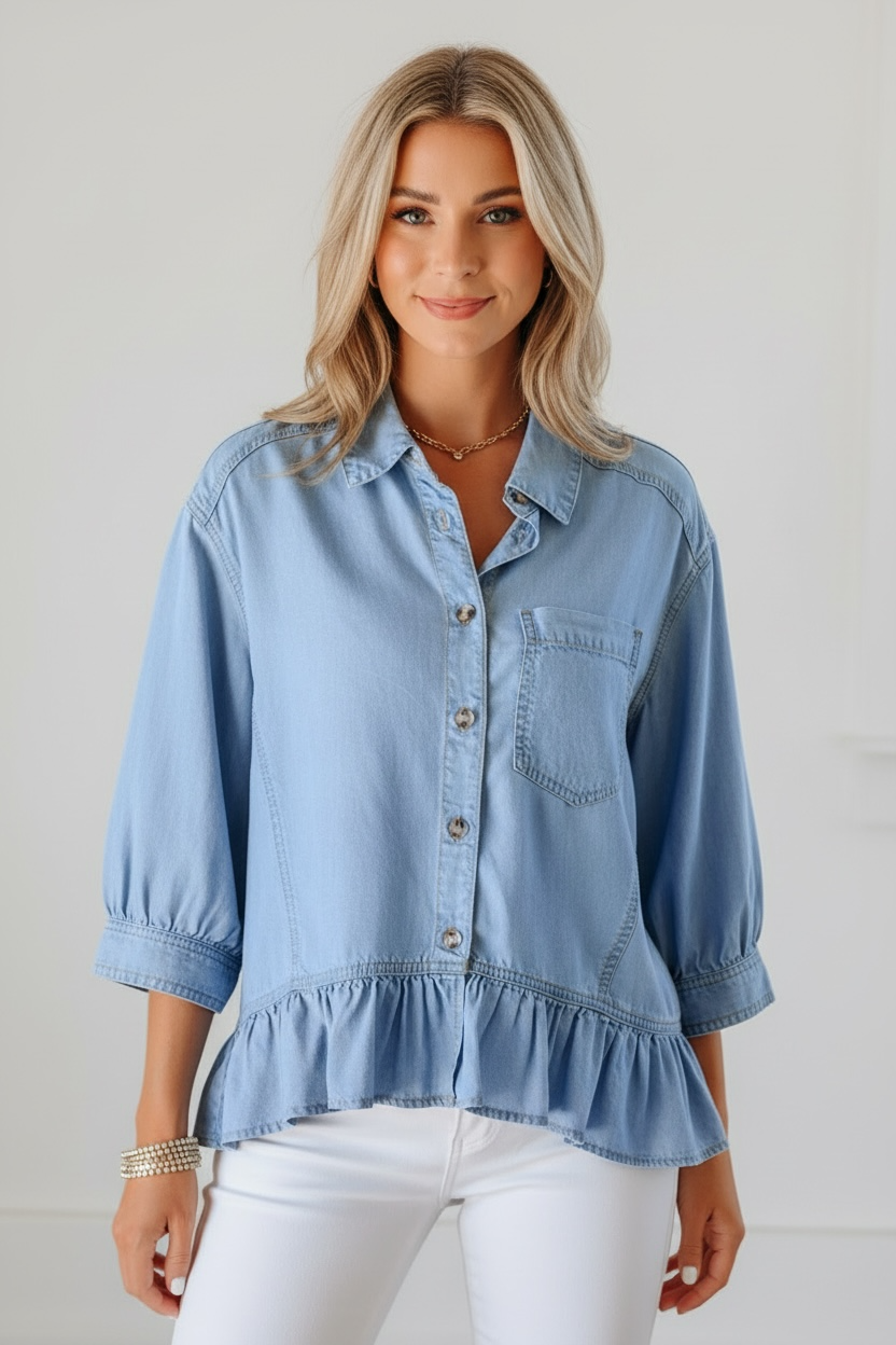 Daverri light blue chambray ruffled hem half sleeve blouse