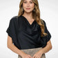 Black Satin Cowl Neck Short Sleeve Top - DAVERRI FASHIONS