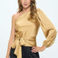 Stretch Satin One Shoulder Formal Top with Tie - DAVERRI FASHIONS