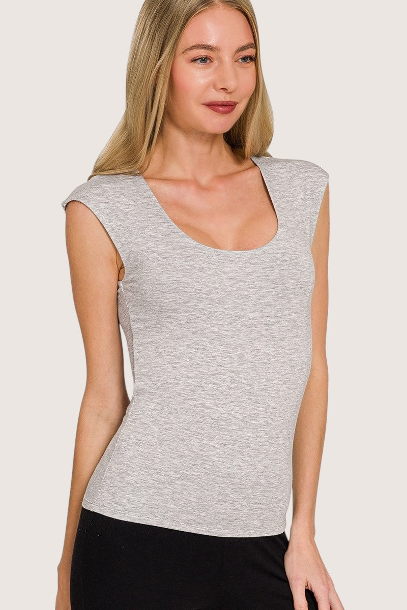 Zenana double layered heather gray sleeveless scoop neck top