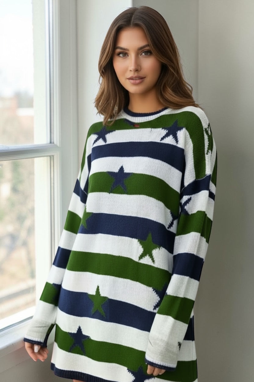 Daverri Stars and Stripes long sleeve sweater in cozy knit stripes