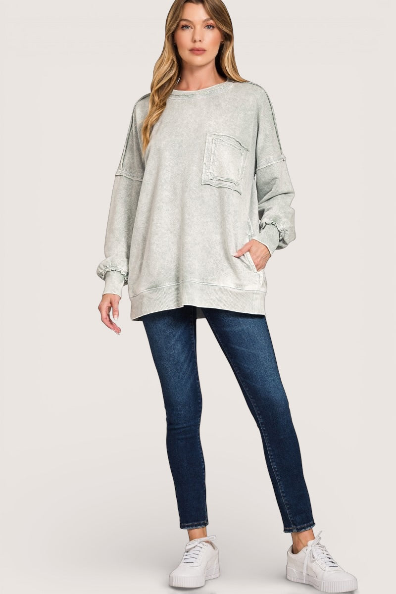 Zenana Halo light gray distressed sweatshirt with front pocket ruched cuffs