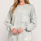 Zenana Halo light gray distressed sweatshirt with front pocket and ruched cuffs