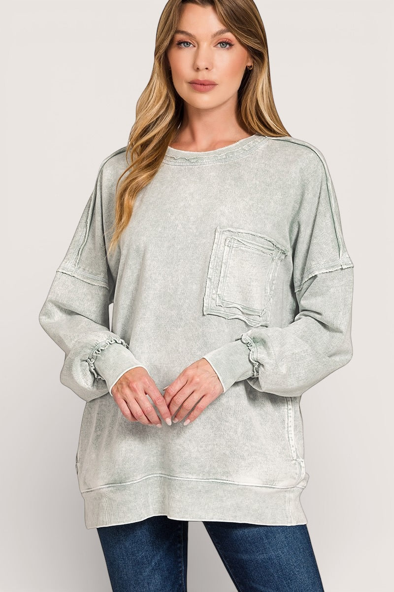 Zenana Halo light gray distressed sweatshirt with front pocket and ruched cuffs