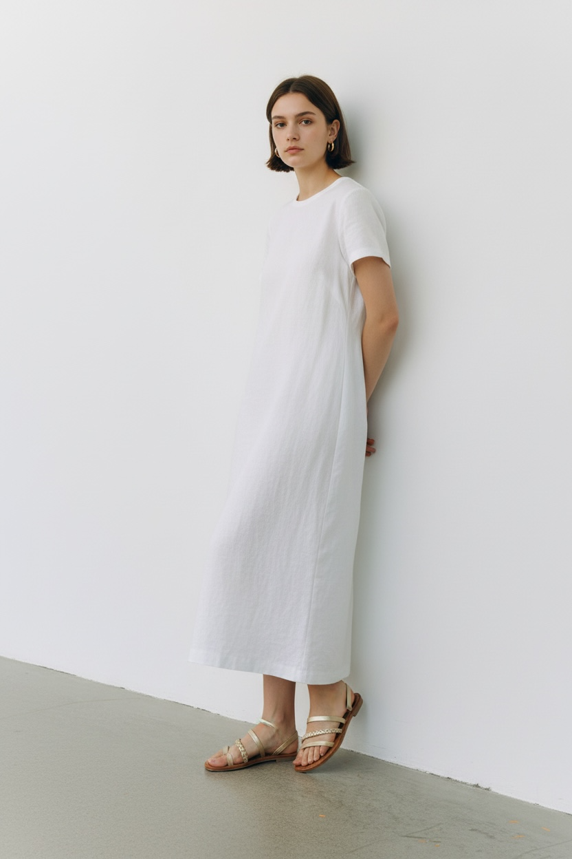 Minimalist white linen midi dress with short sleeves in Braided Strappy Sandal