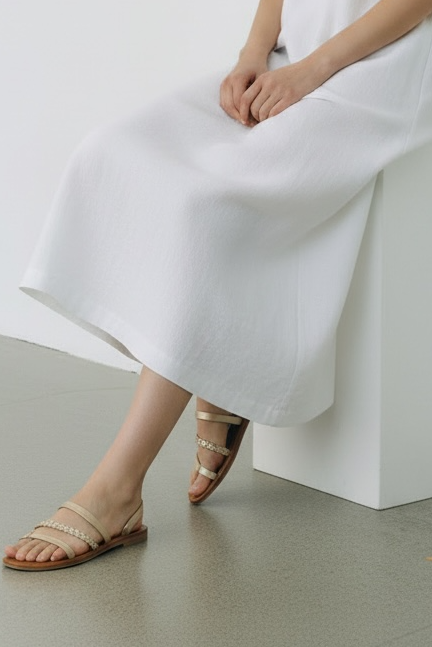 Braided strappy sandal in beige with woven details and flat brown sole