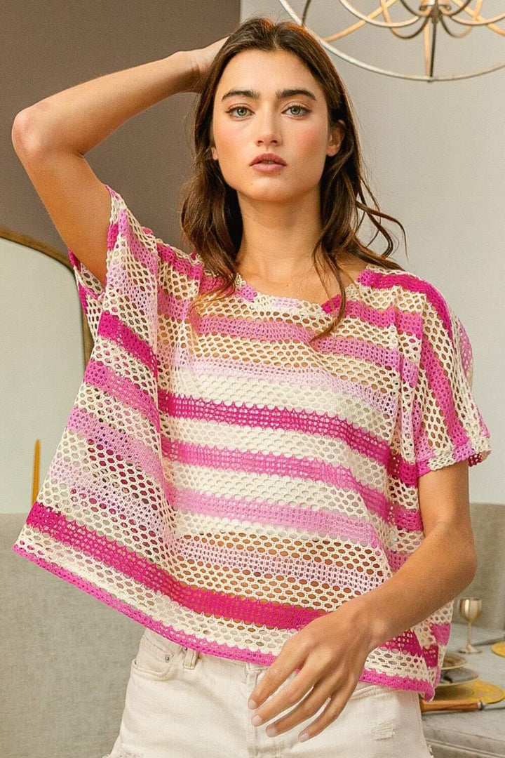 BiBi Striped Openwork Short Sleeve Knit Cover Up Fuchsia Combo Shirts& Tops