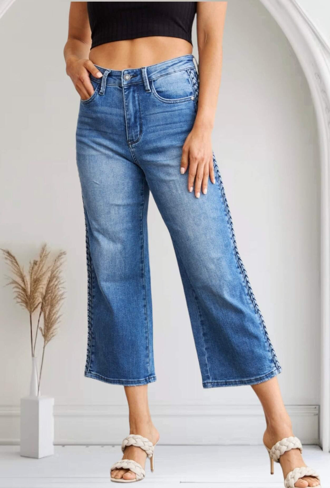 Judy Blue Full Size Braid Side Detail Wide Leg Jeans Jeans