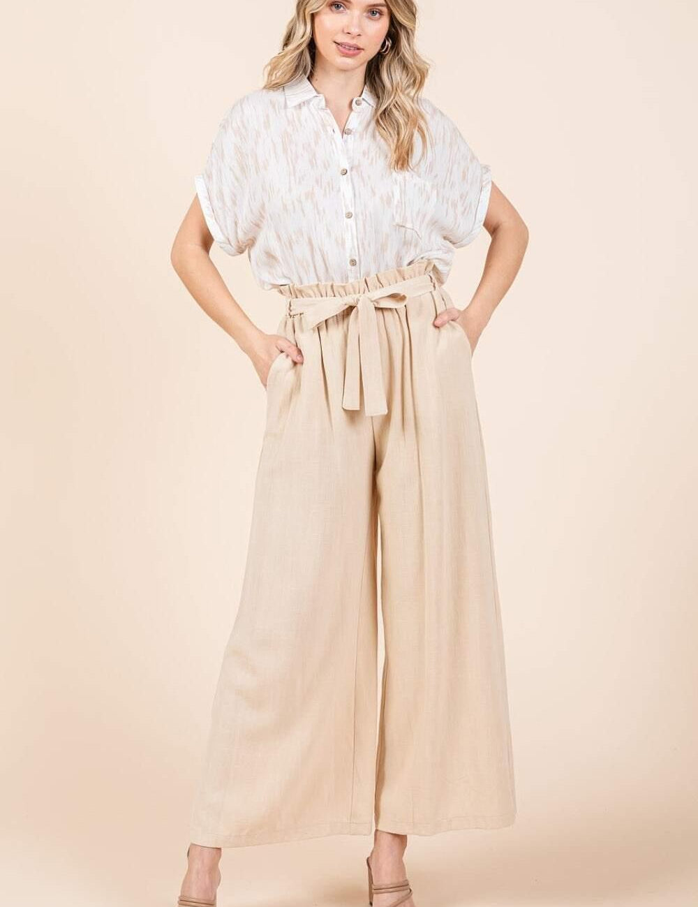 Mittoshop High Waist Tie Front Wide Leg Pants Pants