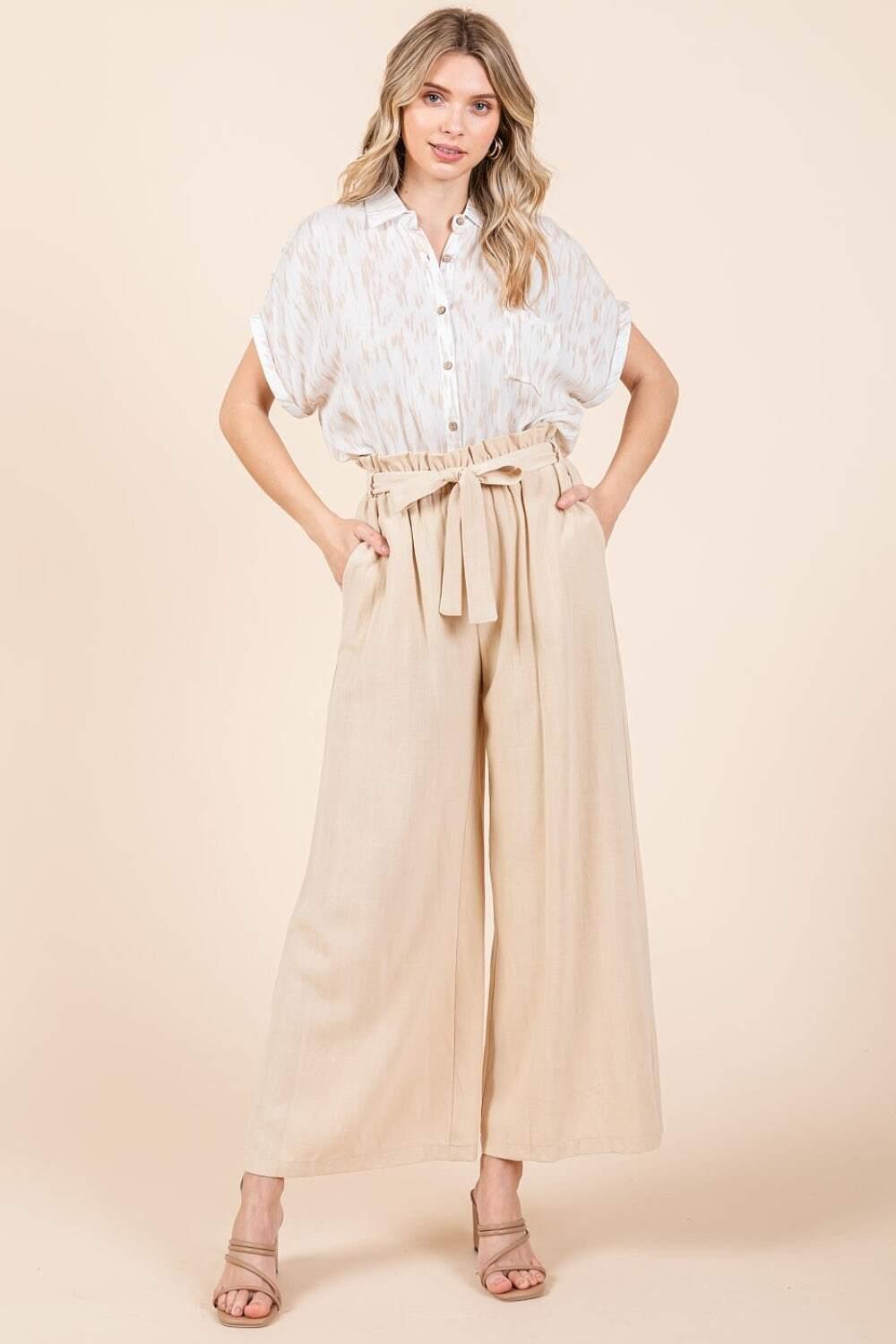 Mittoshop High Waist Tie Front Wide Leg Pants Pants