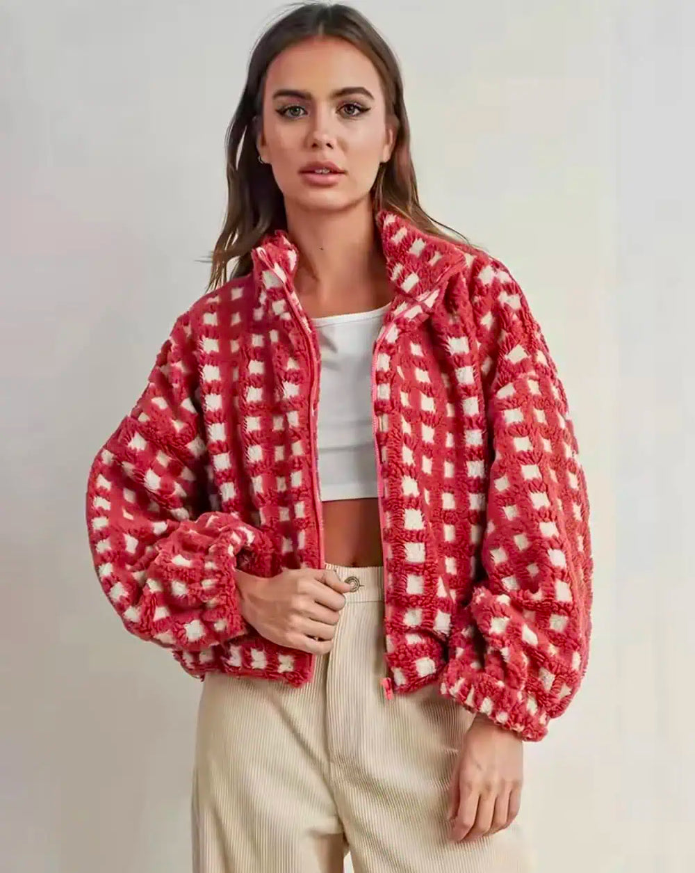 Fleece Checkered Puff Sleeve Bomber Jacket | Jackets Daverri Fashions