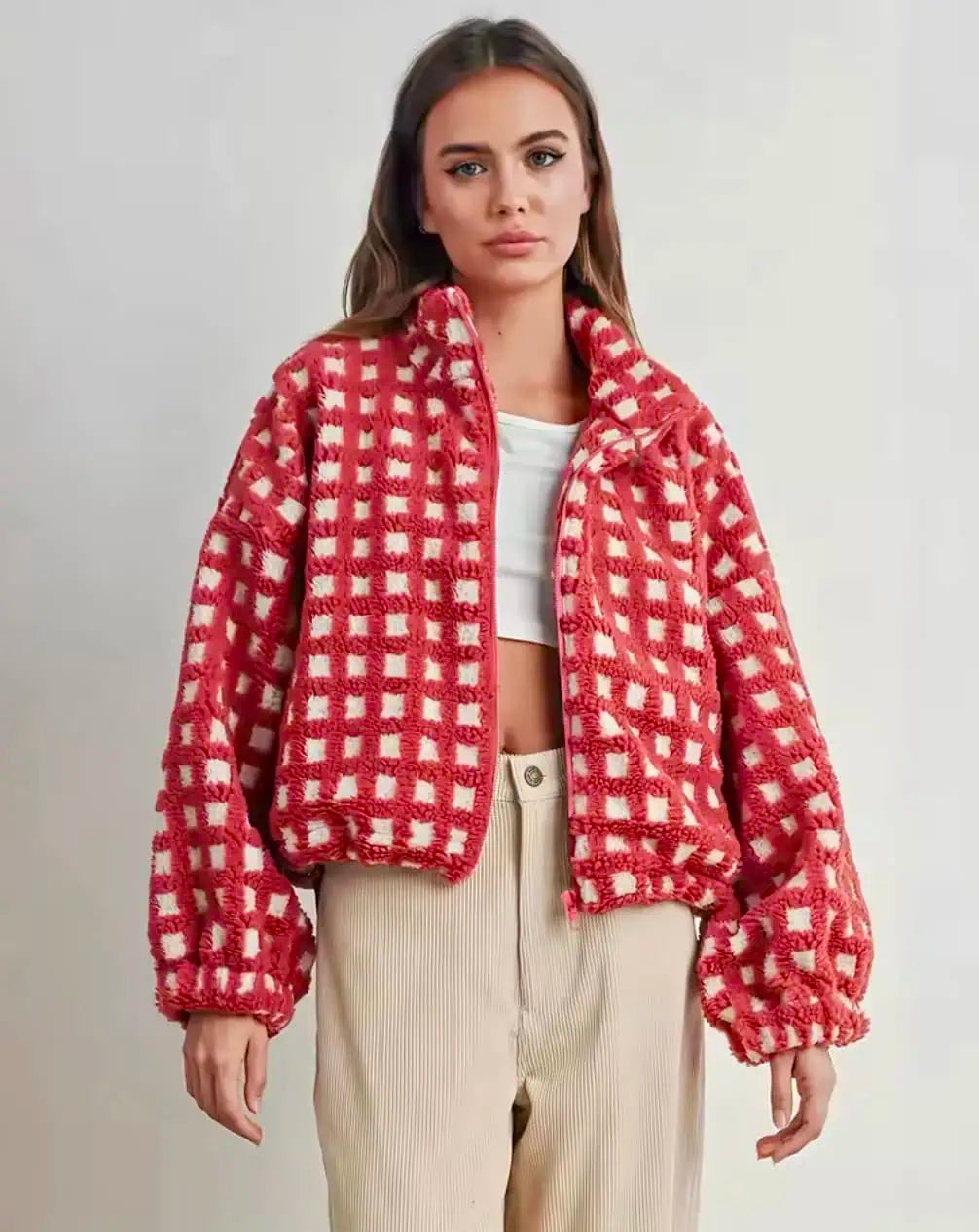 Fleece Checkered Puff Sleeve Bomber Jacket | Jackets Daverri Fashions