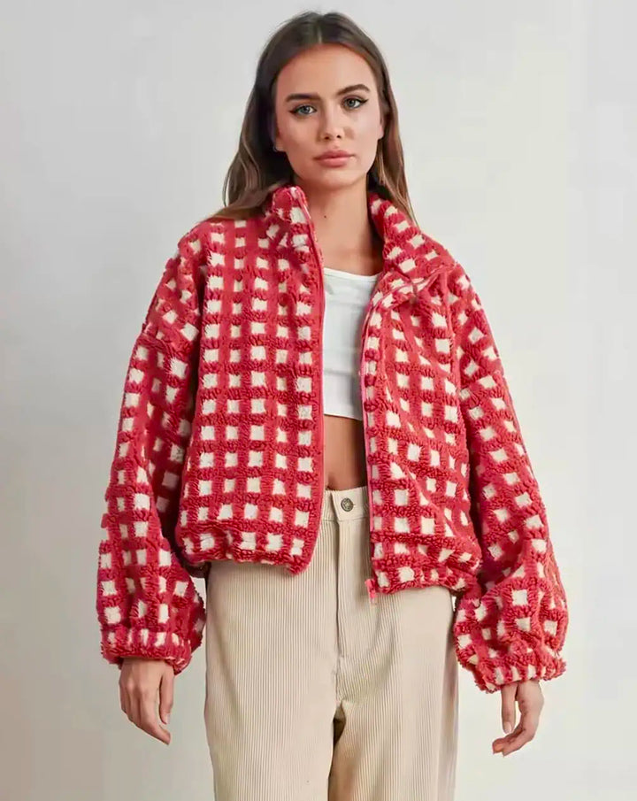 Fleece Checkered Puff Sleeve Bomber Jacket | Jackets Daverri Fashions