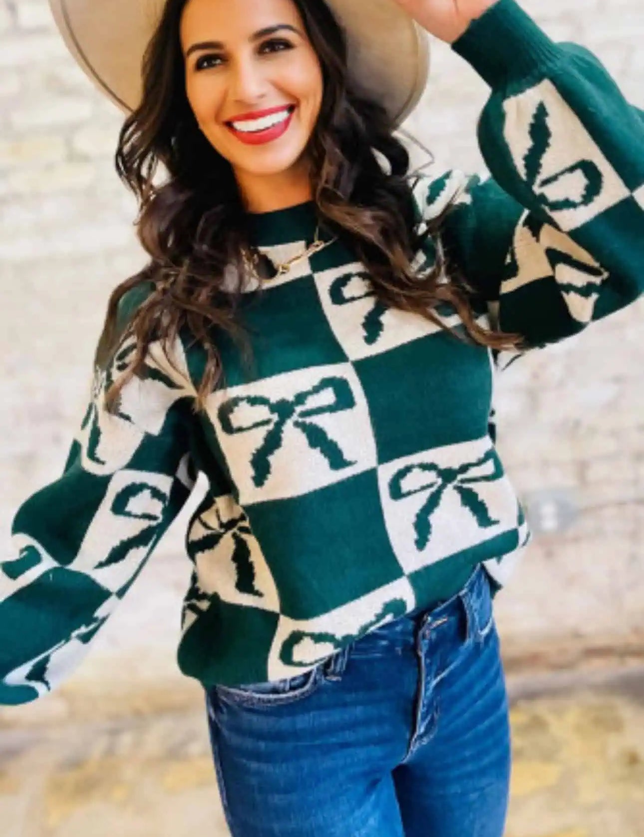 Checkered Bow Round Neck Casual Sweater | Sweaters Daverri Fashions
