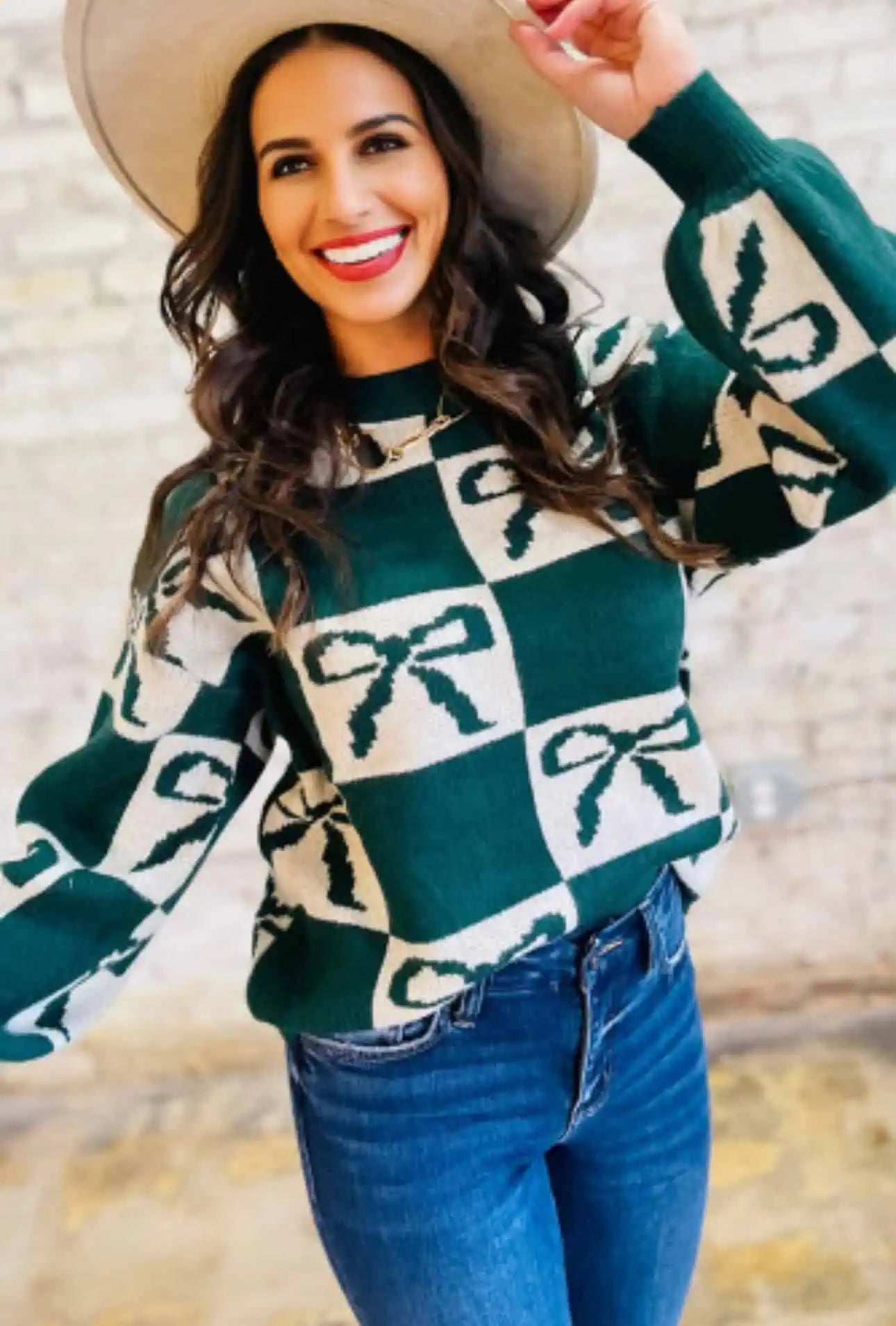 Checkered Bow Round Neck Casual Sweater | Sweaters Daverri Fashions