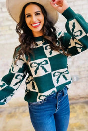 Checkered Bow Round Neck Casual Sweater | Sweaters Daverri Fashions