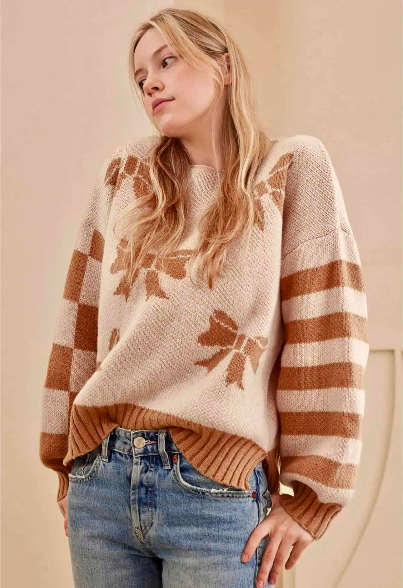 Ribbon Bow Checkered Striped Sleeve Drop Shoulder Sweater | Sweaters Daverri Fashions